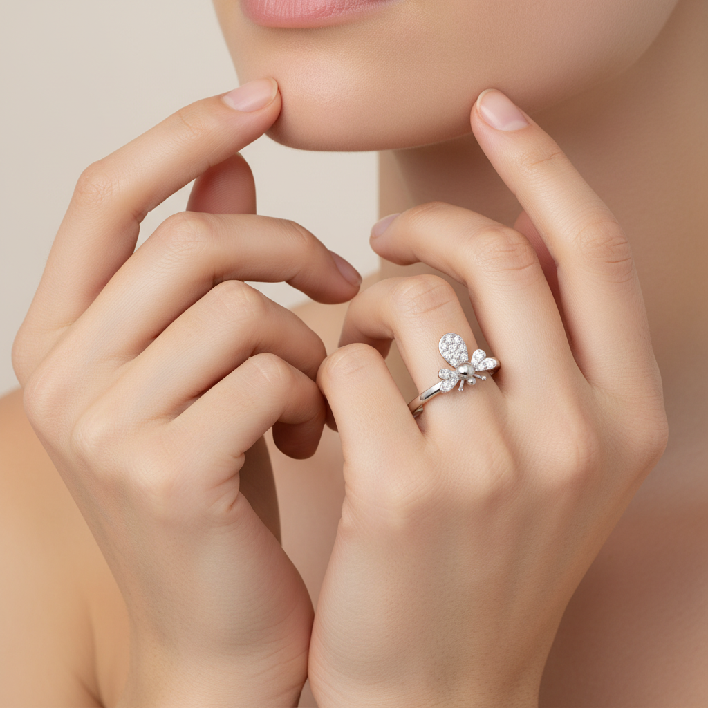 Dainty Bee Ring With Pav Crystal Wings And Body - Eight