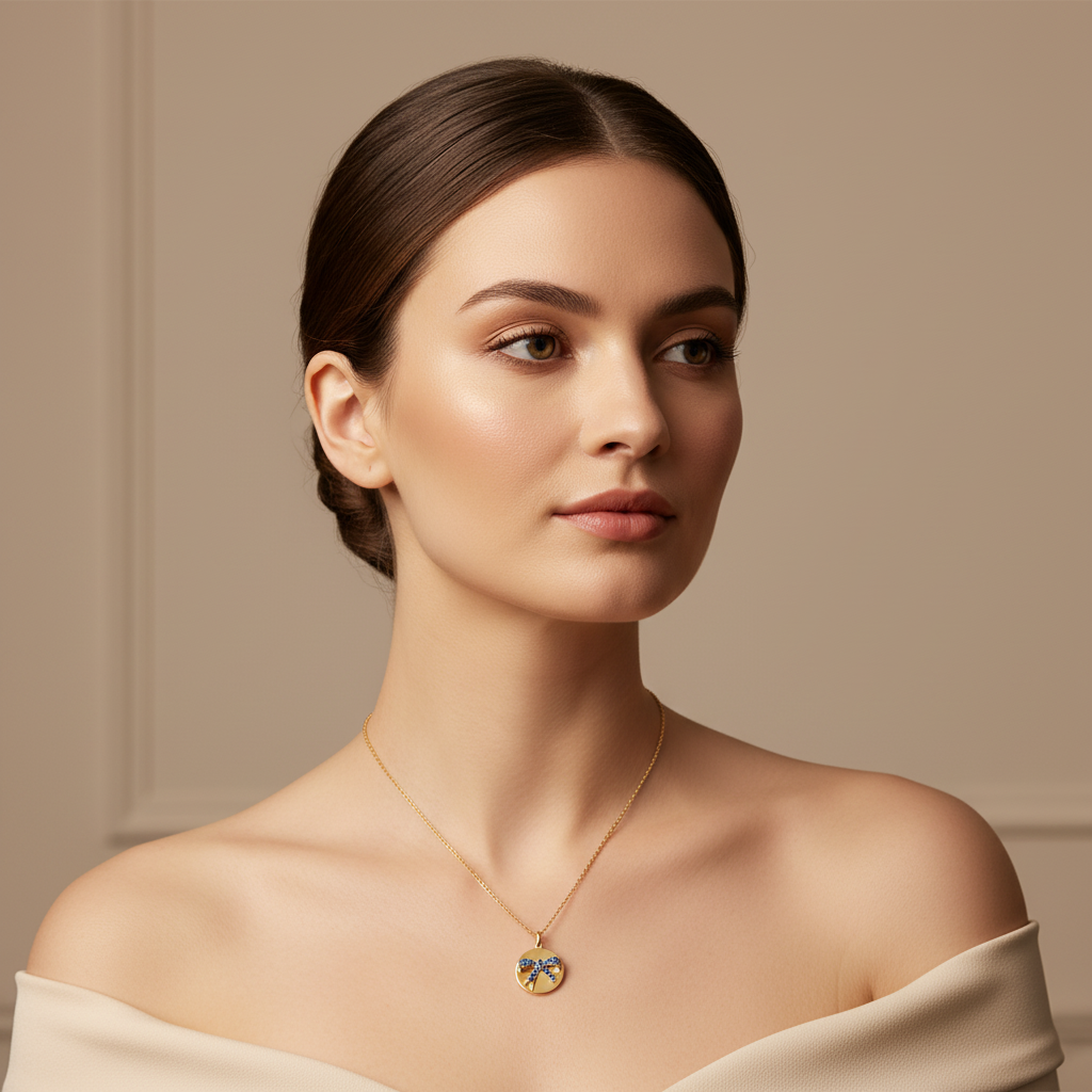 Blue Crystal Bow Disc Pendant Necklace - Four