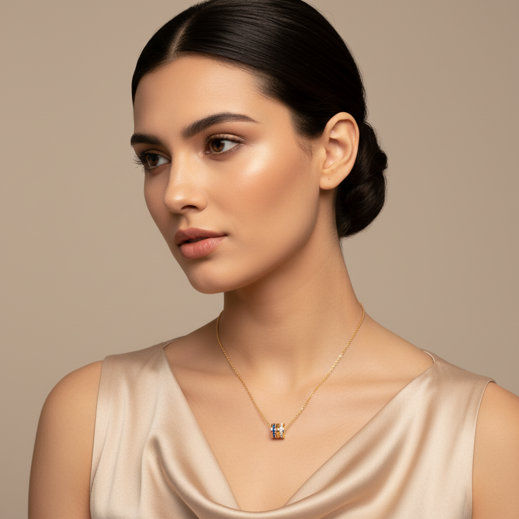 Minimal Cylinder Pendant Necklace | Diamond & Blue Sapphire In White Gold | Jebij - Five