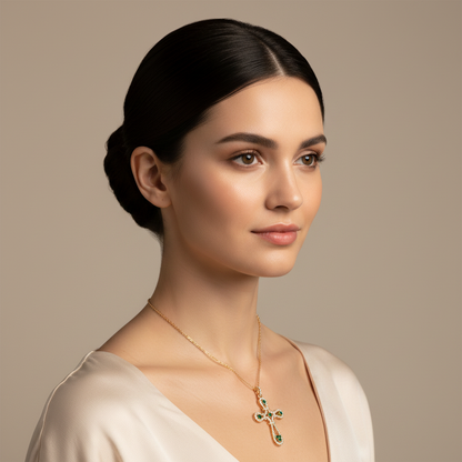 Emerald And Crystal Ornate Cross Pendant Necklace - Five