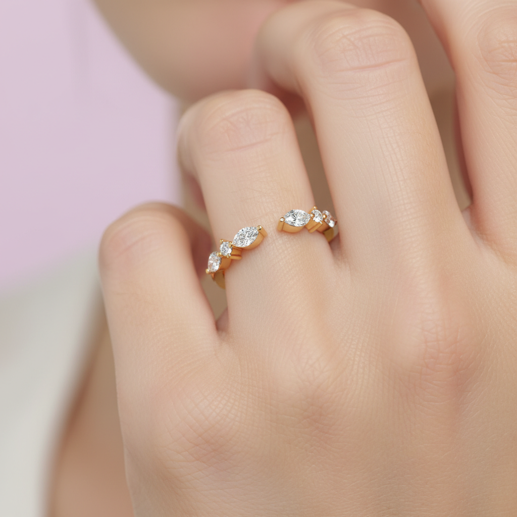 Marquise And Round Diamond Open Cuff Ring In White Gold - Two