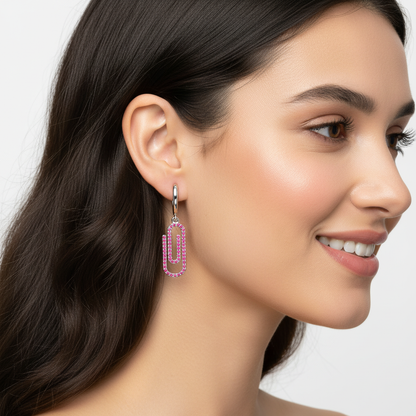 Pink Sapphire Paperclip Link Huggie Hoop Earrings - Five
