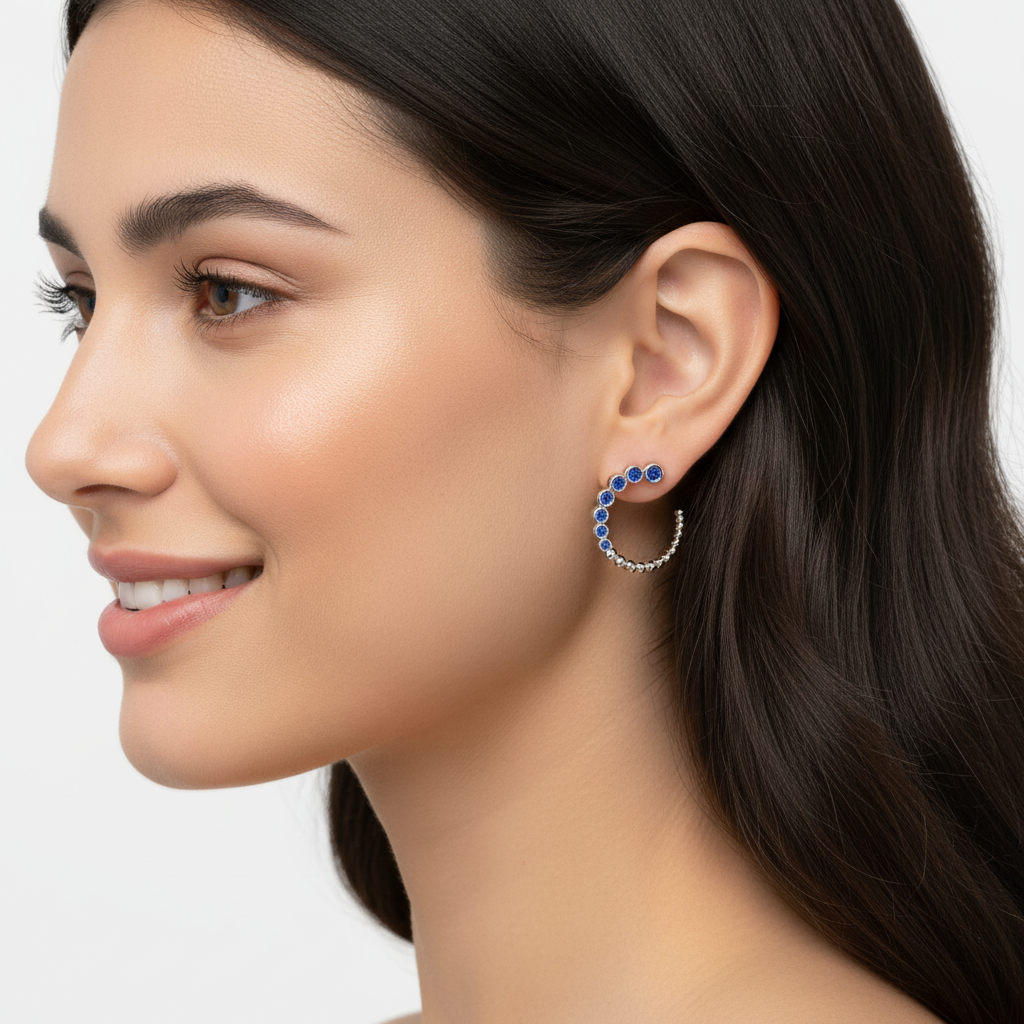 Blue Sapphire Beaded Circle Hoop Earrings With Screw Backs - Eight