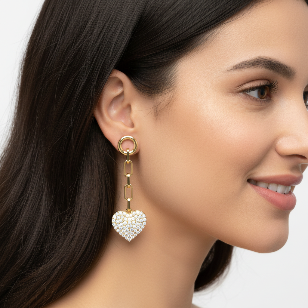 Pav Heart Chain Link Drop Earrings - Five