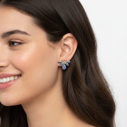 Blue Sapphire Bee Stud Earrings With Pav Wings - Five