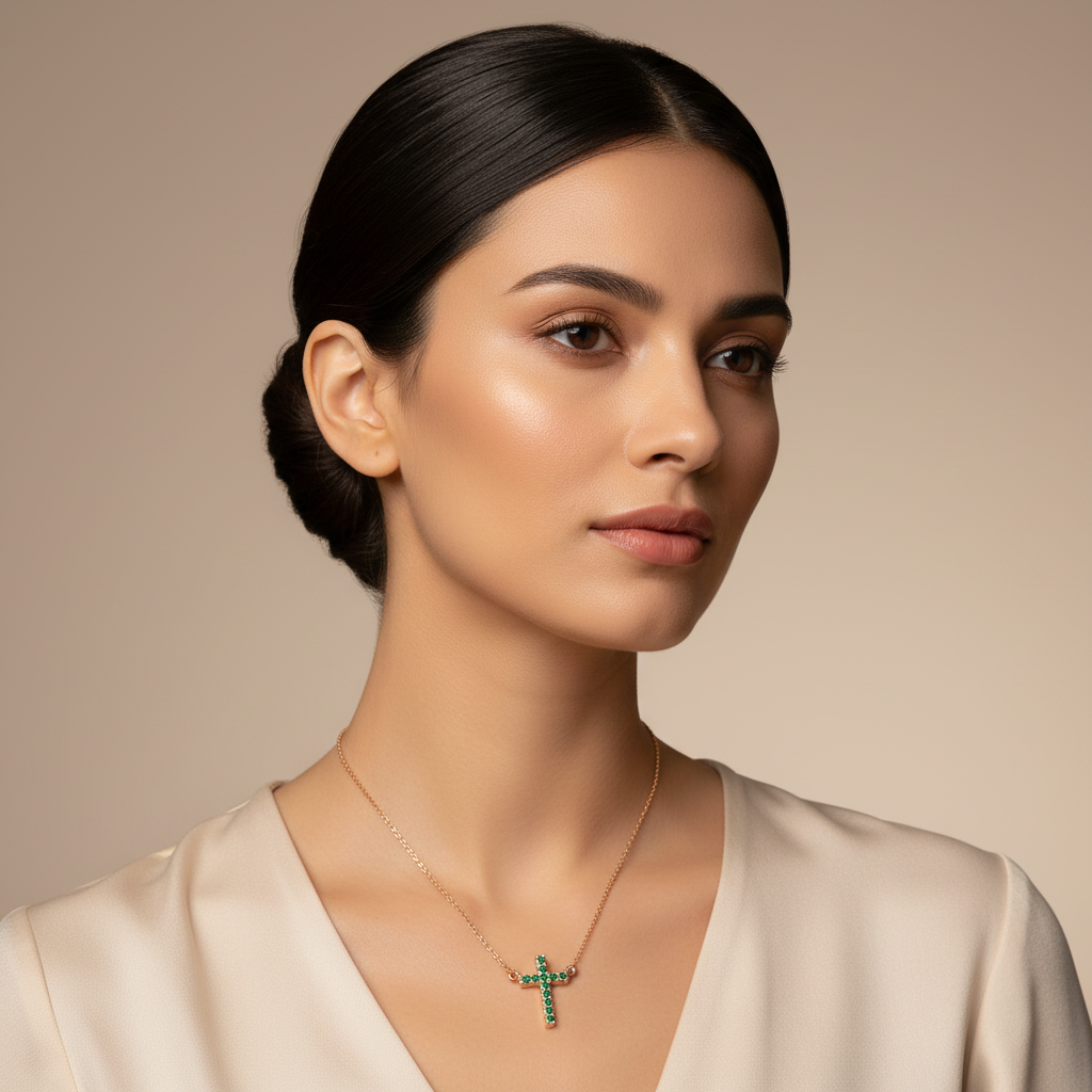Emerald Cross Pendant Necklace With Chain - Five