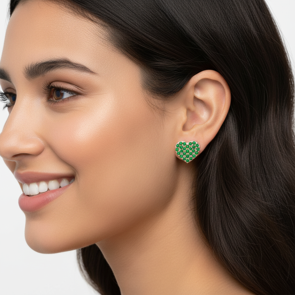 Pav Green Crystal Heart Stud Earrings - Five