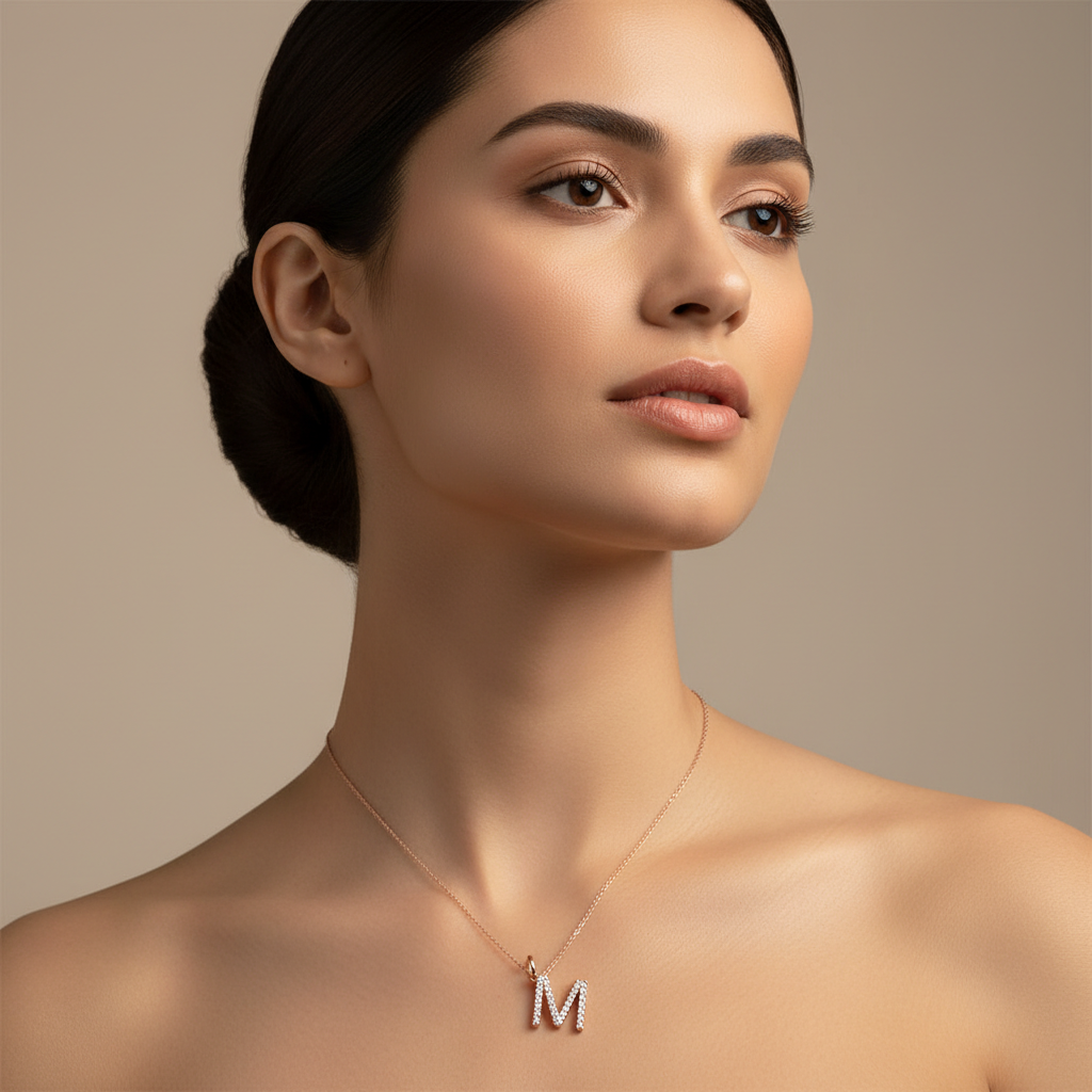Diamond Letter M Charm Pendant in Rose Gold