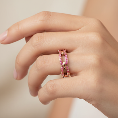 Lab-Grown Ruby Interlocking Link Ring In Rose Gold | Double Pave Luxury Chain Design Statement Ring For Women | Jebij - Eight