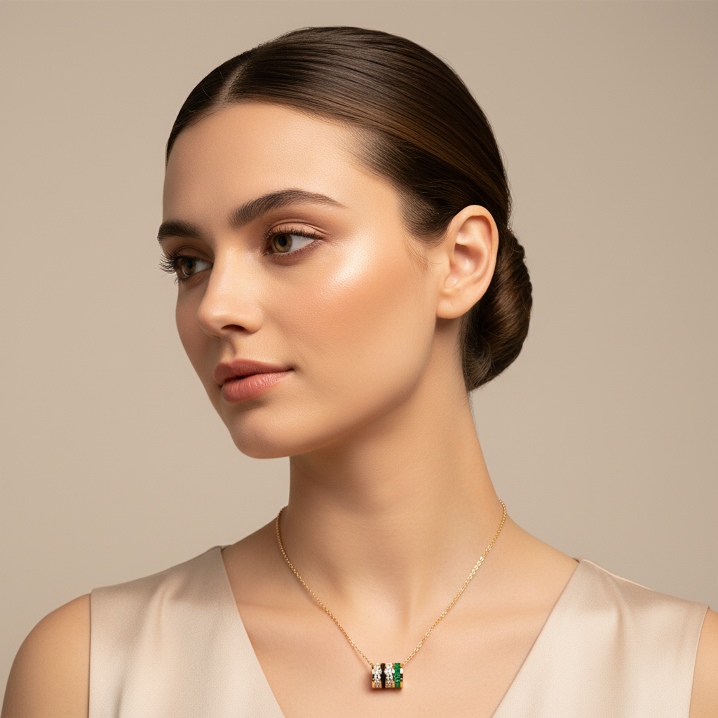 Emerald And Diamond Vertical Bar Pendant Necklace - Five