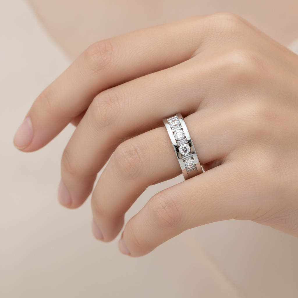 Besotted Dazzle Four Stone Band In 925 Sterling Silver - Thirteen