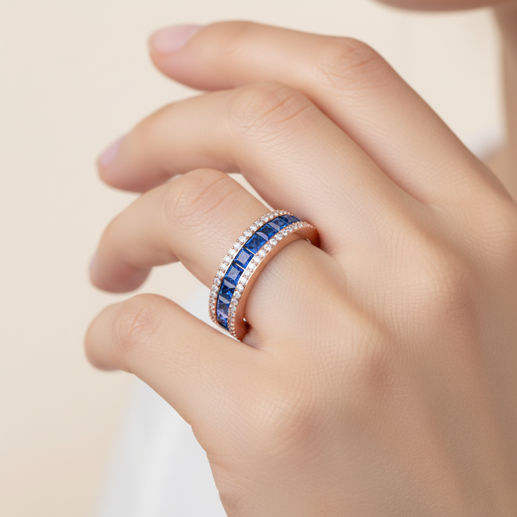 Blue Sapphire And Diamond Channel Set Wedding Band Ring - Eight