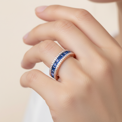 Blue Sapphire And Diamond Channel Set Wedding Band Ring - Eight