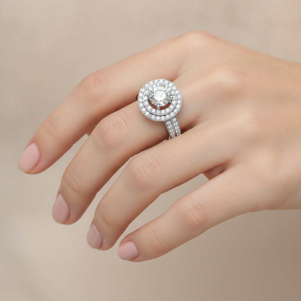 Classy Halo Solitaire Ring In 925 Sterling Silver - Thirteen