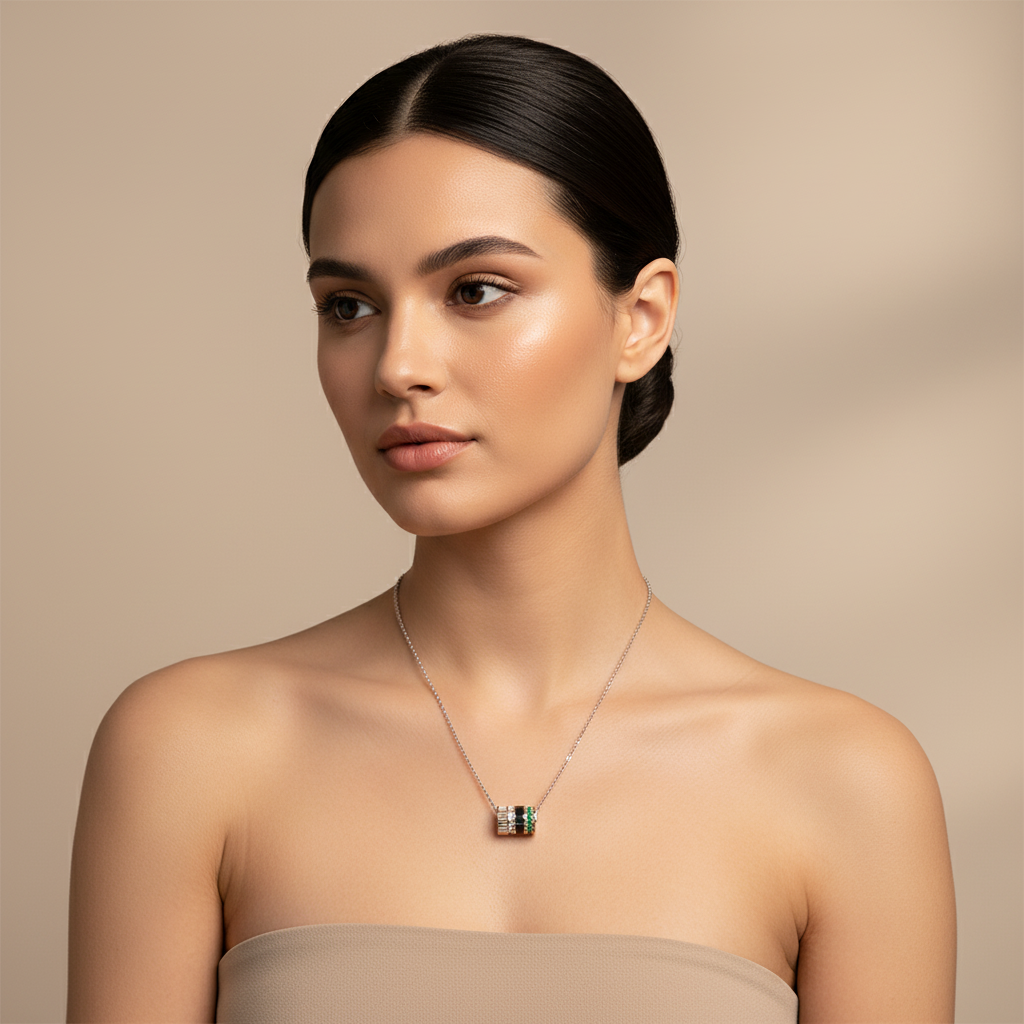 Diamond & Green Gemstone Barrel Pendant Necklace With Custom Enamel | Adjustable 16–17 Inch Chain In Yellow Gold | Jebij - Five