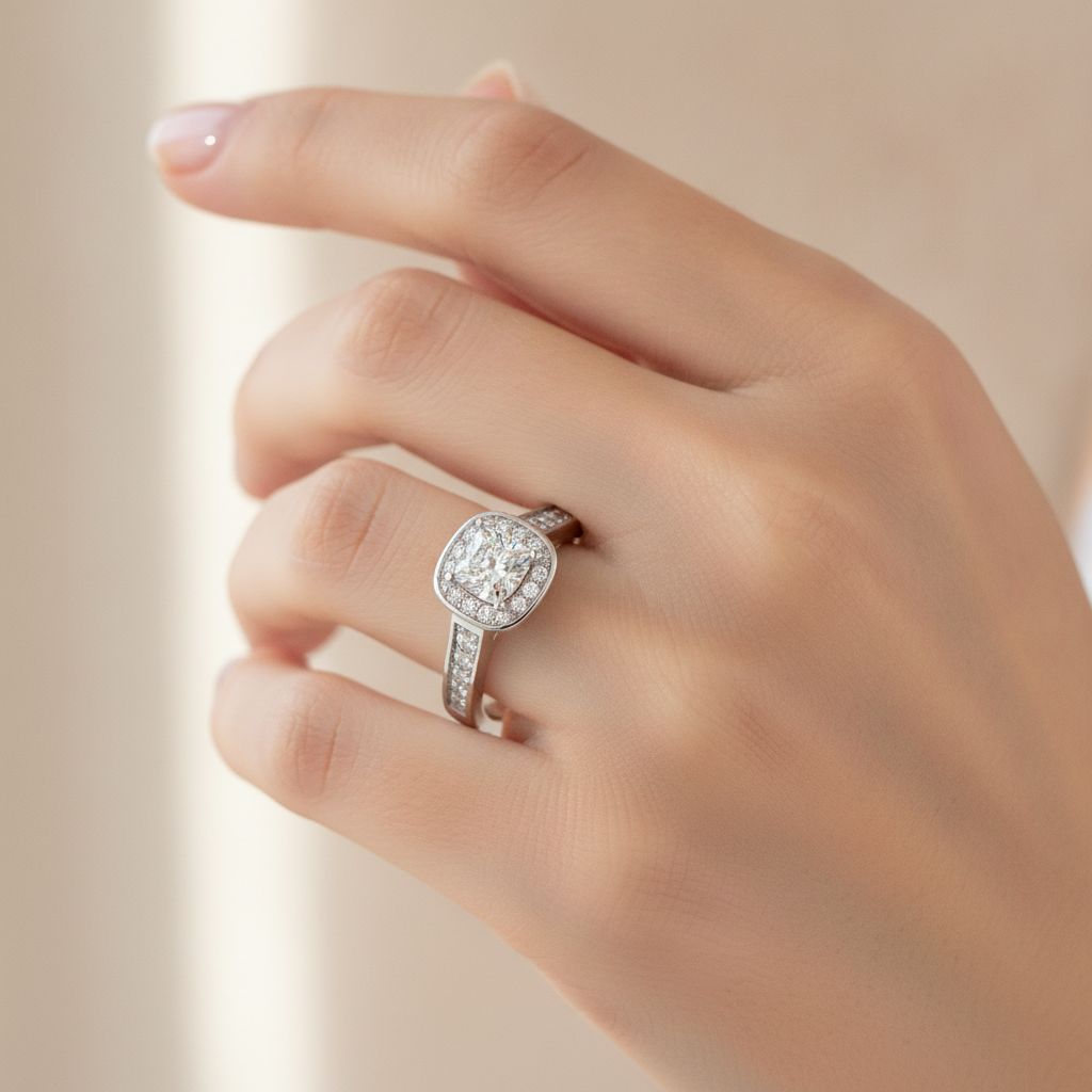 Linda Diamond Halo Ring In 925 Sterling Silver - Thirteen