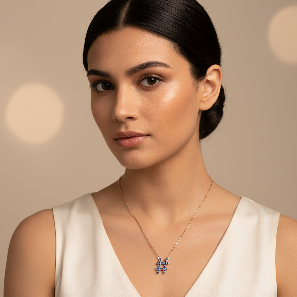 Blue Crystal Hashtag Pendant Necklace - Five