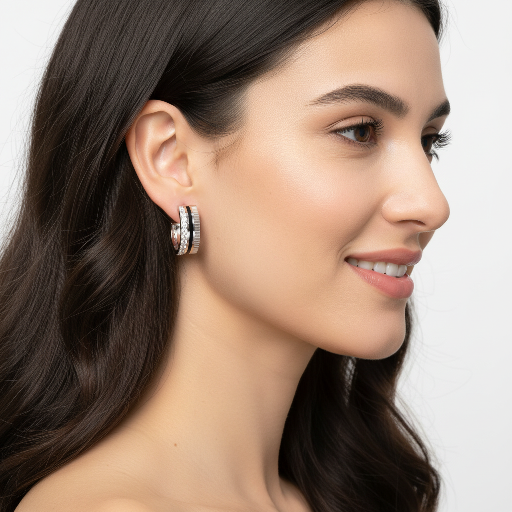 Wide Textured Hoop Earrings With Pav Crystal Accent Stripe - Two