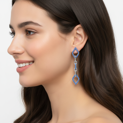 Blue Sapphire Chain Link Drop Earrings With Diamond Shaped Frames - Five
