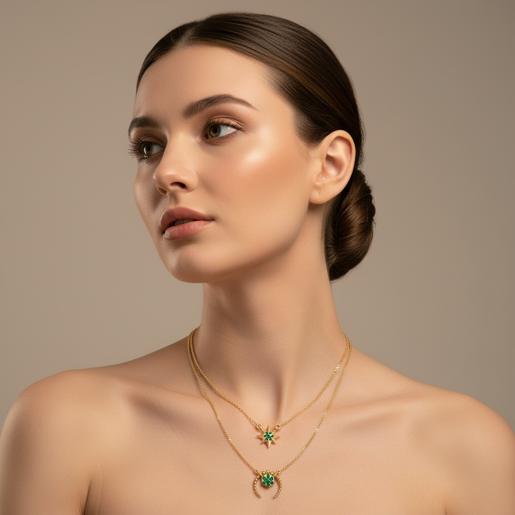 Layered Star And Circle Pendant Necklace With Green Stones - Five