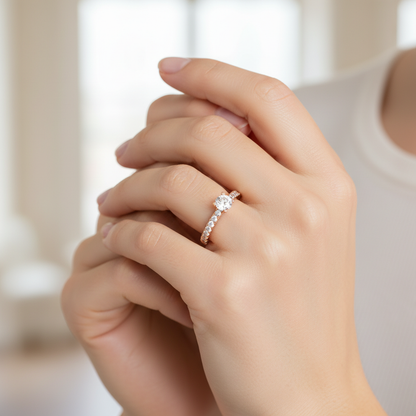 Rose Gold Solitaire Diamond Engagement Ring With Pav Band - Fourteen