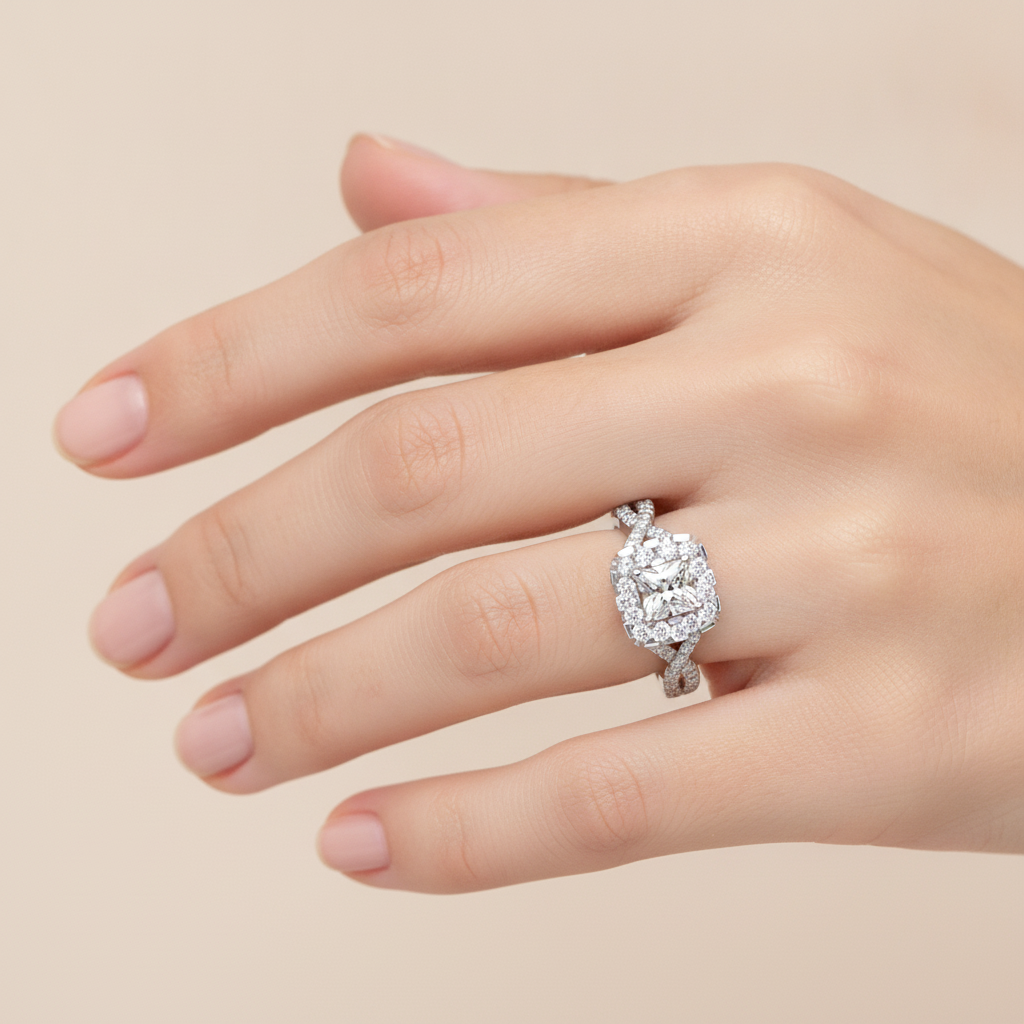 Fine Square Shaped Halo Diamond Ring - Thirteen
