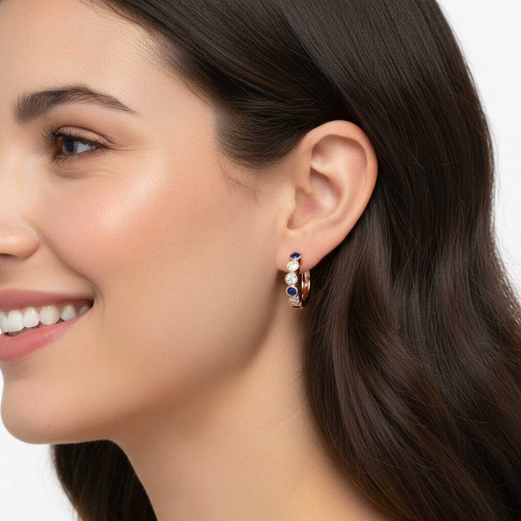 Rose Gold Diamond And Blue Sapphire Hoop Earrings - Eight