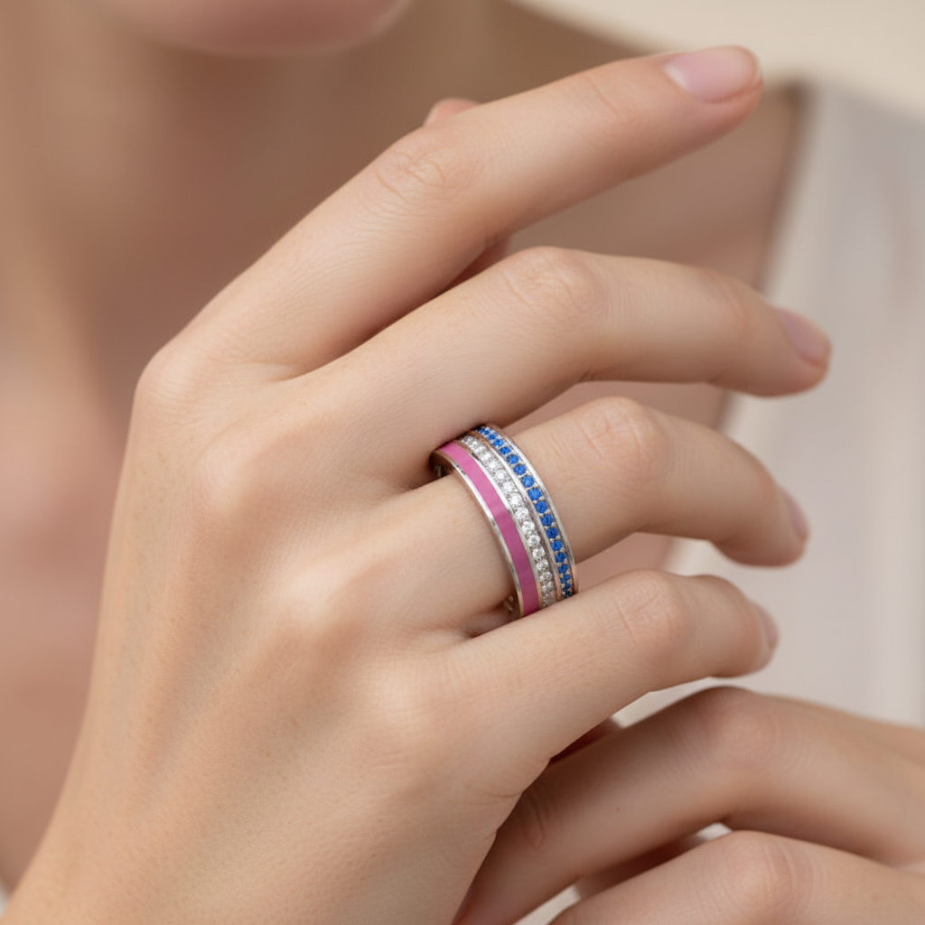 Blue Sapphire And Diamond Stackable Ring Set With Pink Enamel Band - Two