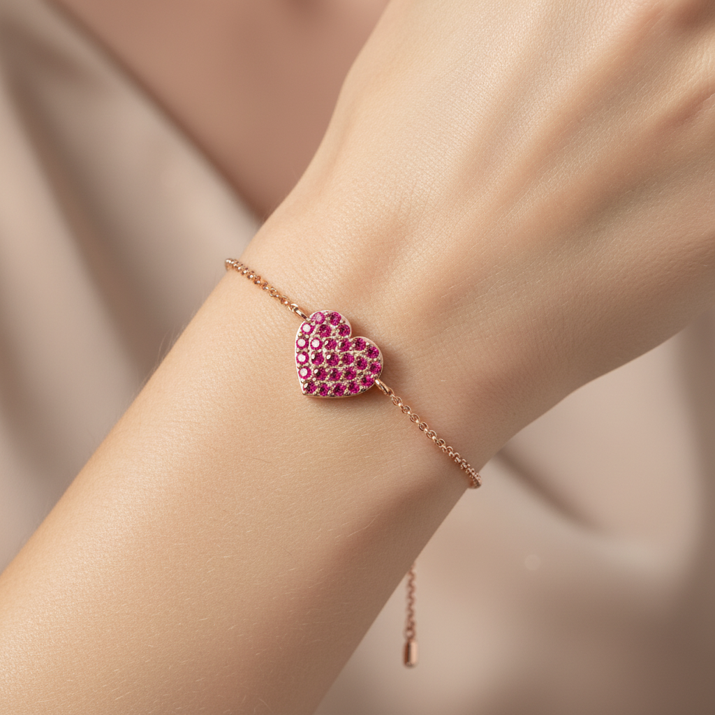 Pav Heart Bracelet With Red Crystals On Chain - Eight