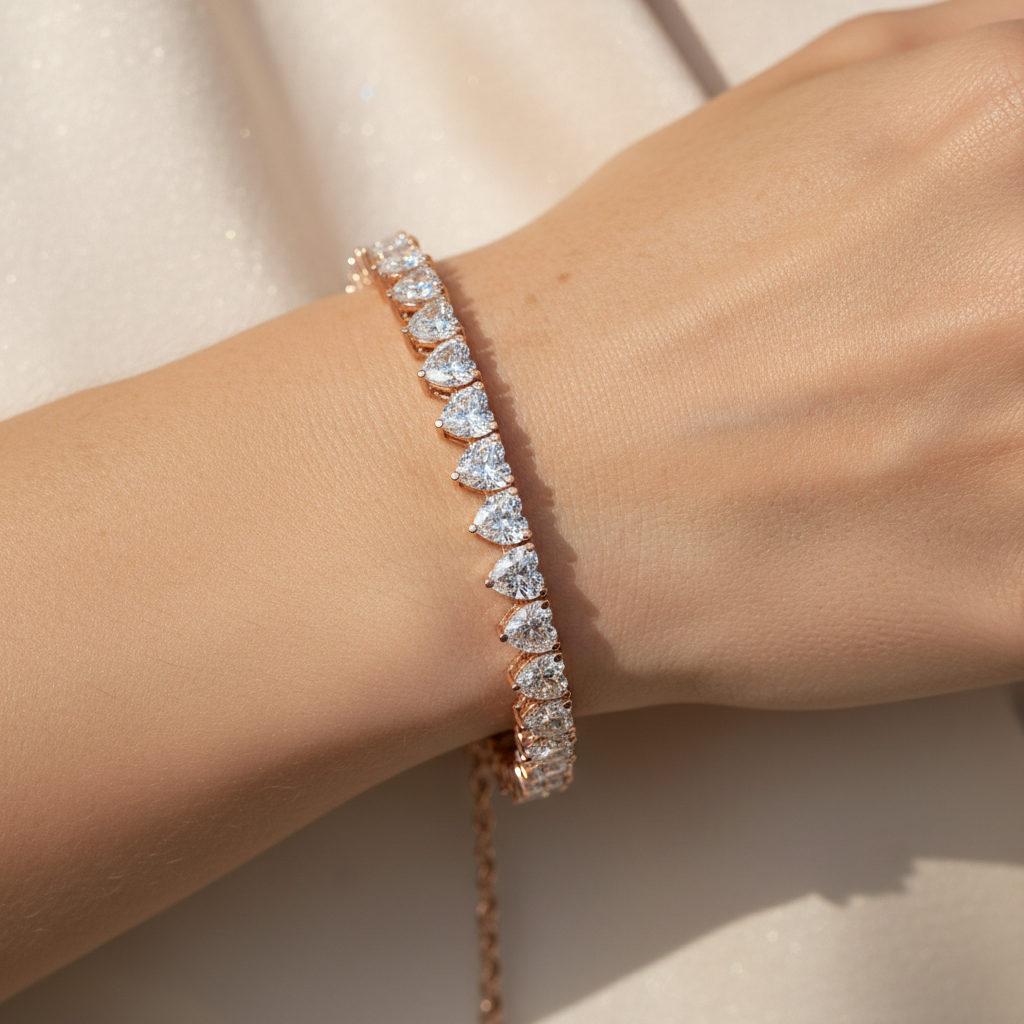 Rose Gold Heart Shaped Diamond Tennis Bracelet - Eleven