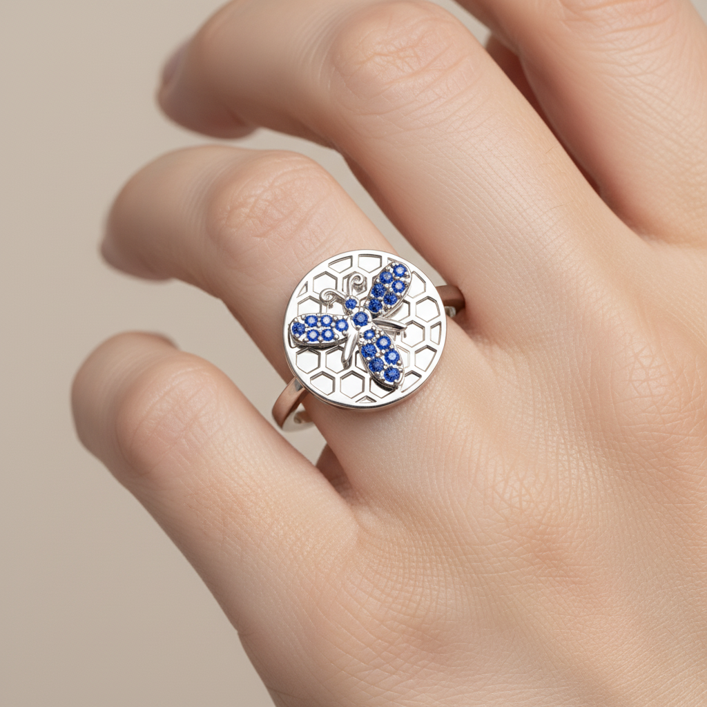 Blue Sapphire Honeycomb Bee Ring With Hexagonal Pattern Design - Eight
