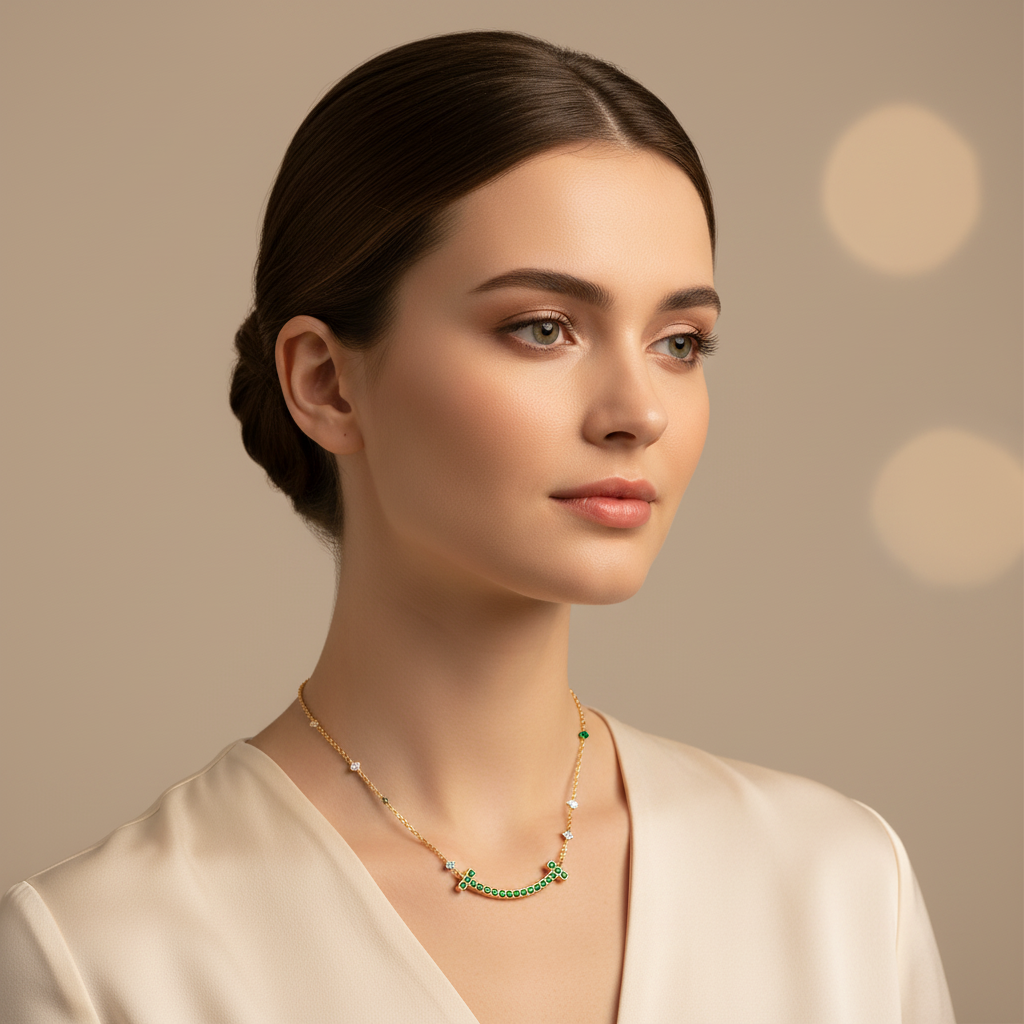 Emerald Curved Smile Bar Pendant Necklace - Five