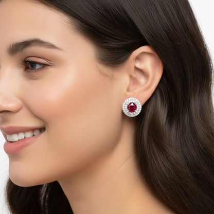 925 Silver Ruby Halo Earrings – Classic Round Cut Red Stud Jewelry - Three