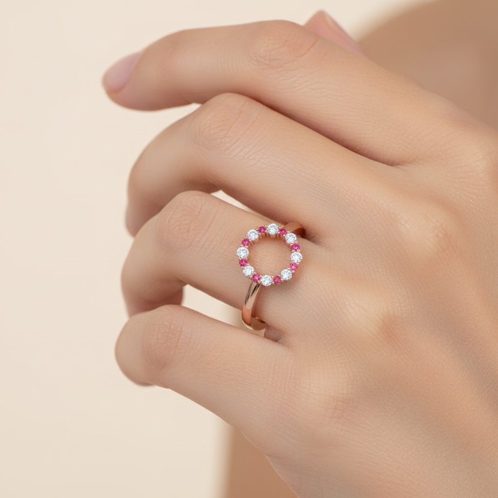 Open Circle Pink Sapphire And Diamond Ring - Eight