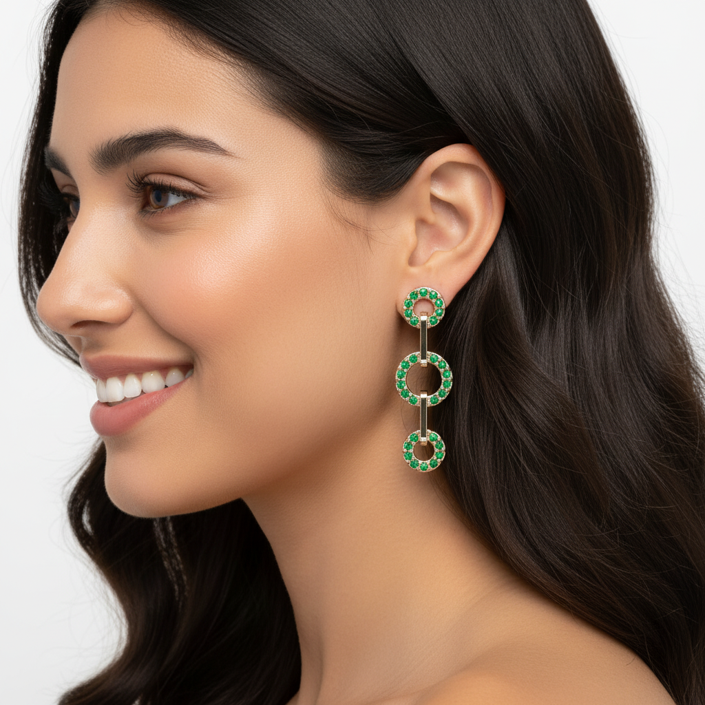 Emerald Triple Circle Link Drop Earrings - Five