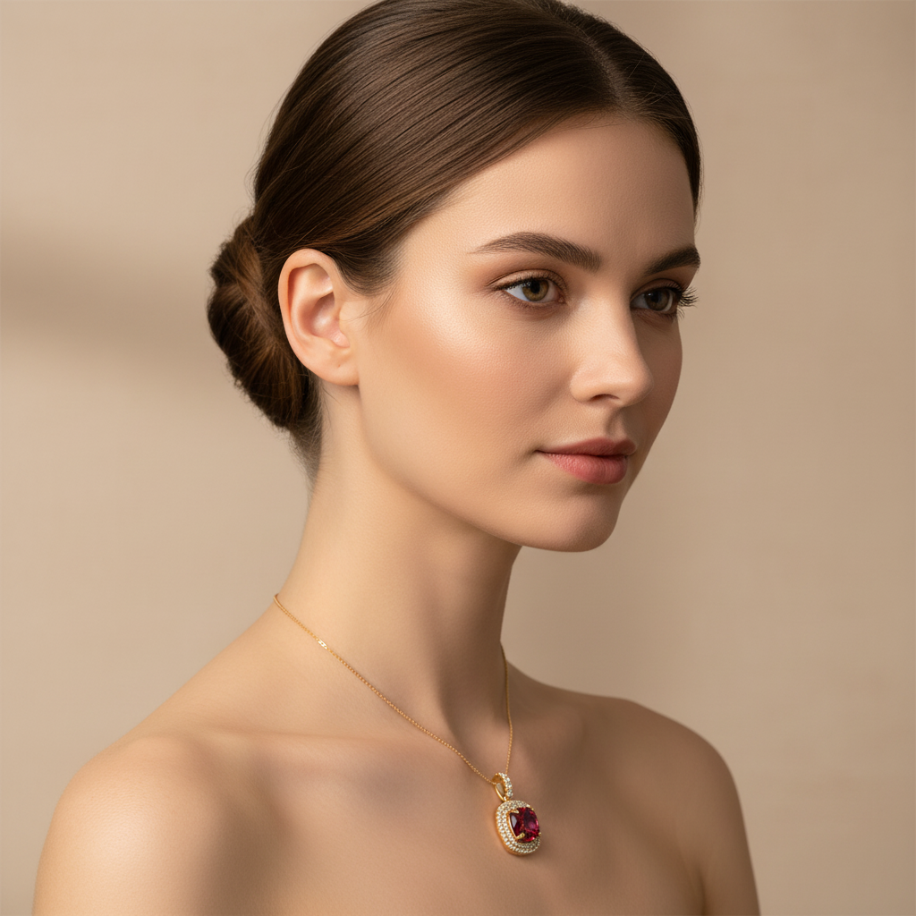 Cushion Cut Red Garnet Double Halo Diamond Pendant - Eight