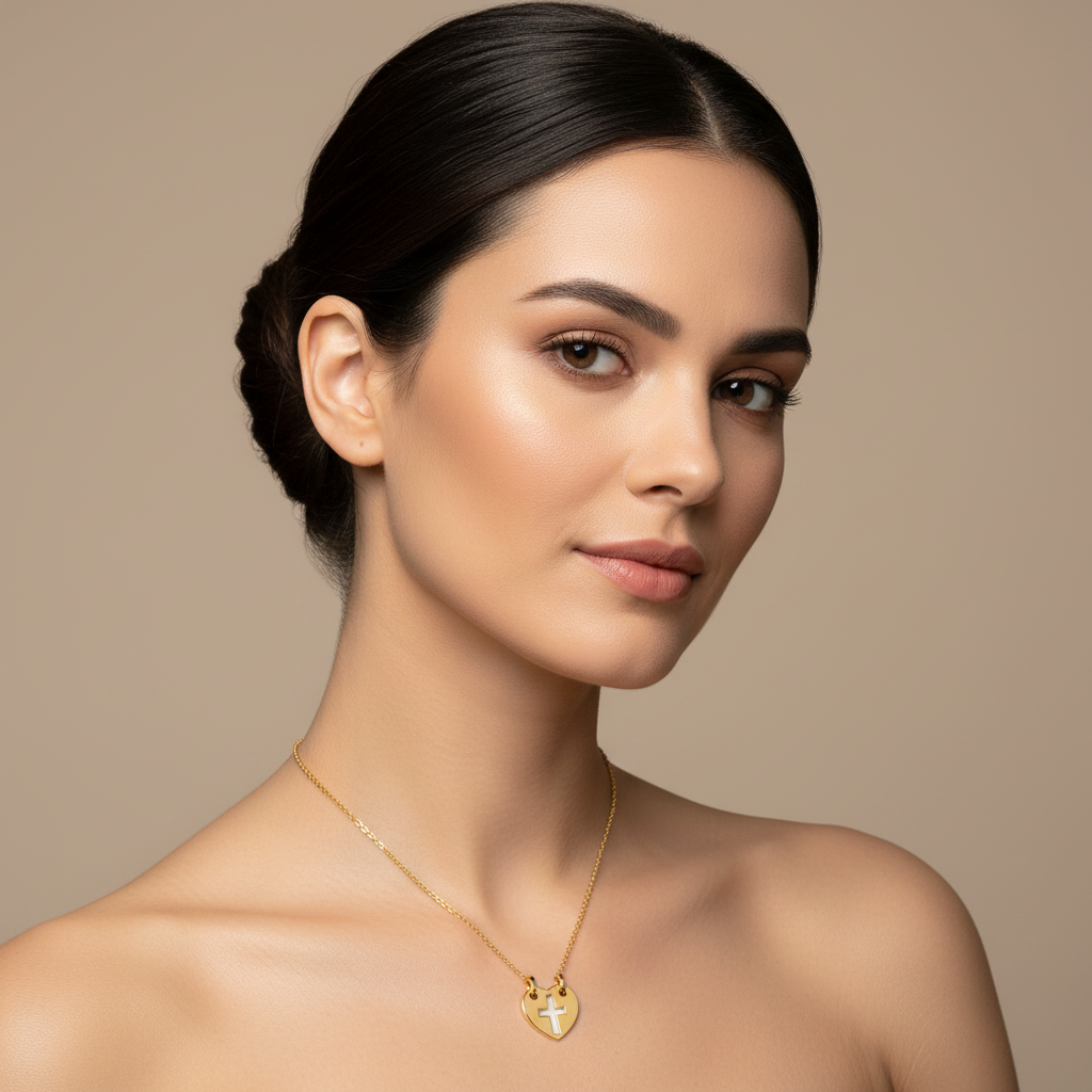Heart Cross Cutout Pendant Necklace With Double Chain - Four