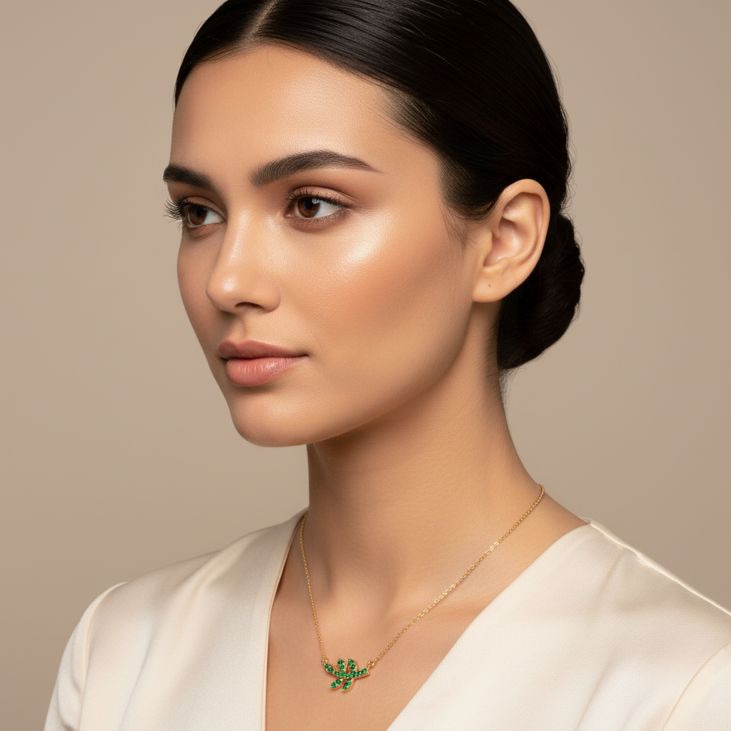 Green Crystal Leaf Branch Pendant Necklace - Five