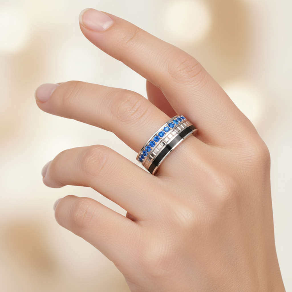 Gold Blue Sapphire Band Ring 6Mm With Black Enamel – Wide Statement Luxury Ring | Jebij - Two