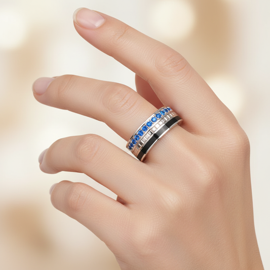Gold Blue Sapphire Band Ring 6Mm With Black Enamel – Wide Statement Luxury Ring | Jebij - Two