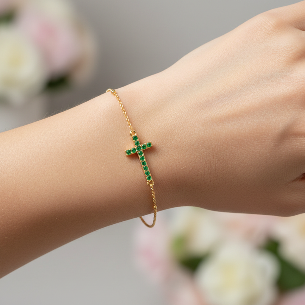 Green Crystal Cross Bracelet With Chain Link Design - Eight