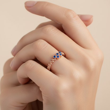 Lab-Grown Blue Sapphire Cluster Ring in Rose Gold – Minimal Beaded Band Stackable Ring | Jebij
