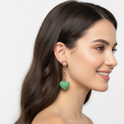 Emerald Pav Heart Chain Link Drop Earrings - Five