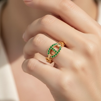 Emerald Oval Ring (Lab-Grown) | Yellow Gold Chain Link Vertical Bar Design | Jebij - Eight