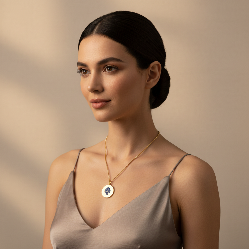 Blue Sapphire Spade Disc Pendant Necklace - Five
