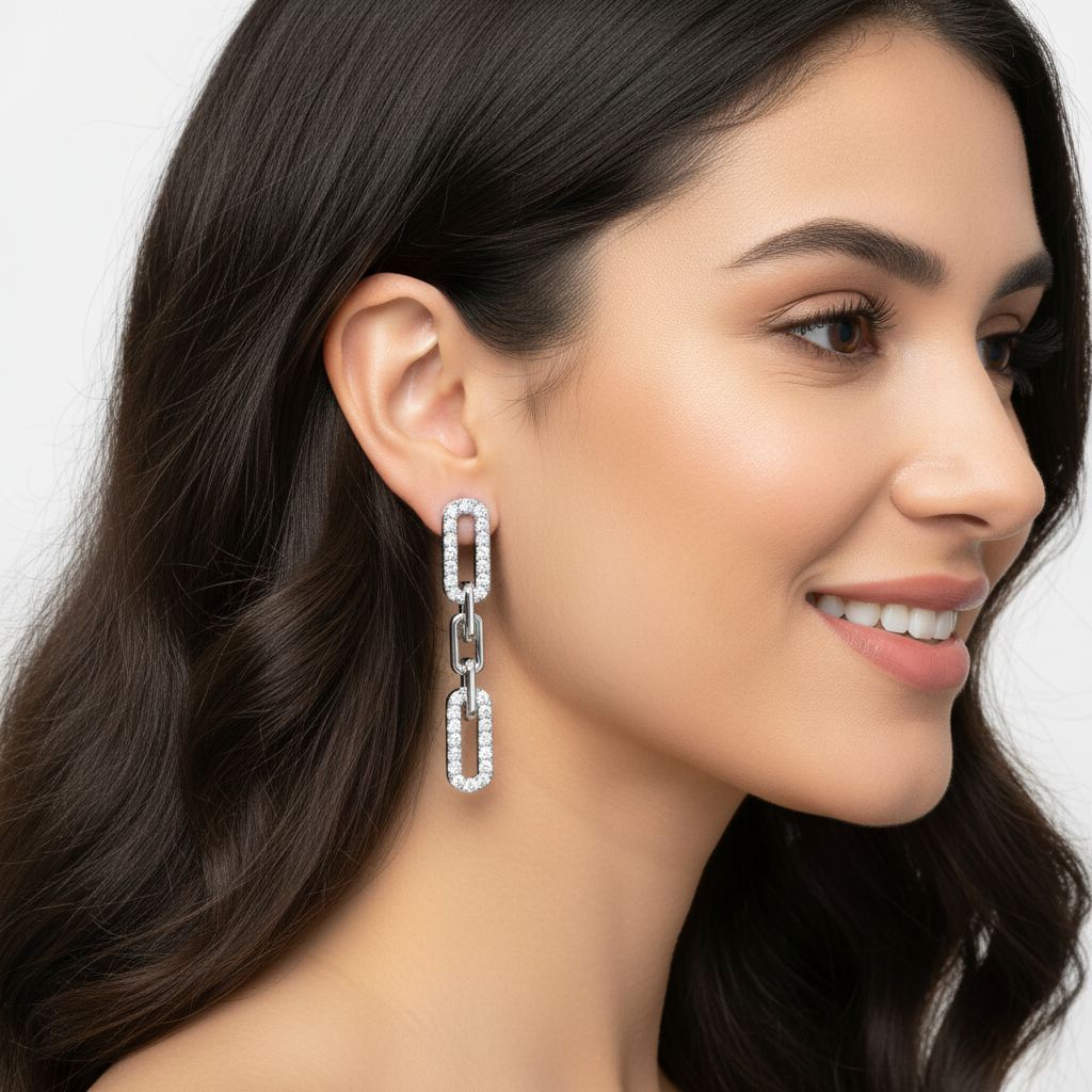 Pav Chain Link Drop Earrings - Five