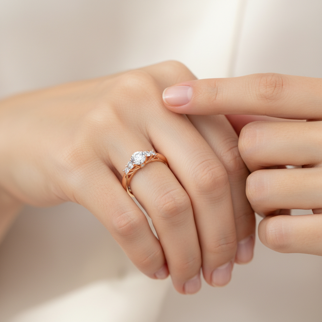 Rose Gold Diamond Engagement Ring With Side Stones And Crown Setting - Fourteen