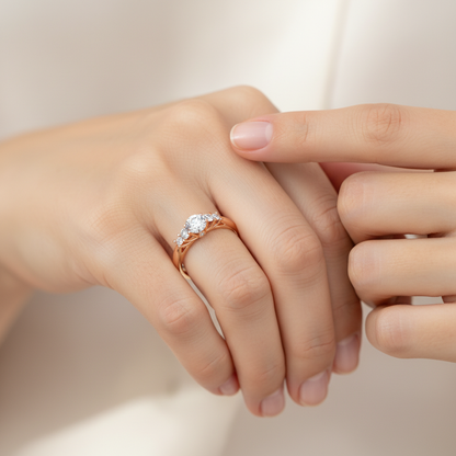 Rose Gold Diamond Engagement Ring With Side Stones And Crown Setting - Fourteen