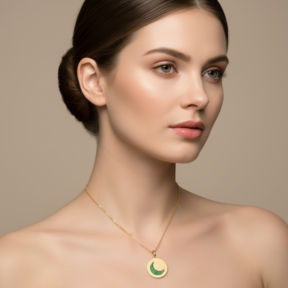 Emerald Crescent Moon Disc Pendant Necklace - Five