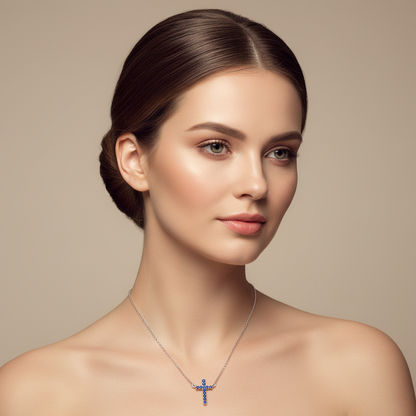 Blue Sapphire Cross Pendant Necklace With Chain - Five